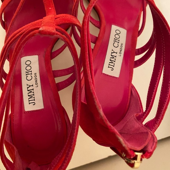 EUC JIMMY CHOO Red Suede Sandals IT 38 Fits like US 7 - Picture 10 of 11